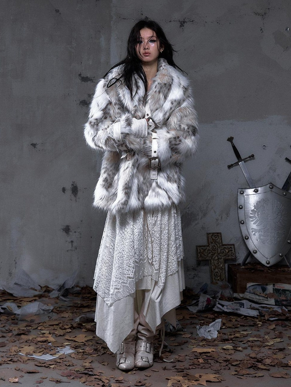 NO ROMANCE Insulated Retro Relaxed Midlength Lapel Fur Trim Women Ivory Puffer Jackets