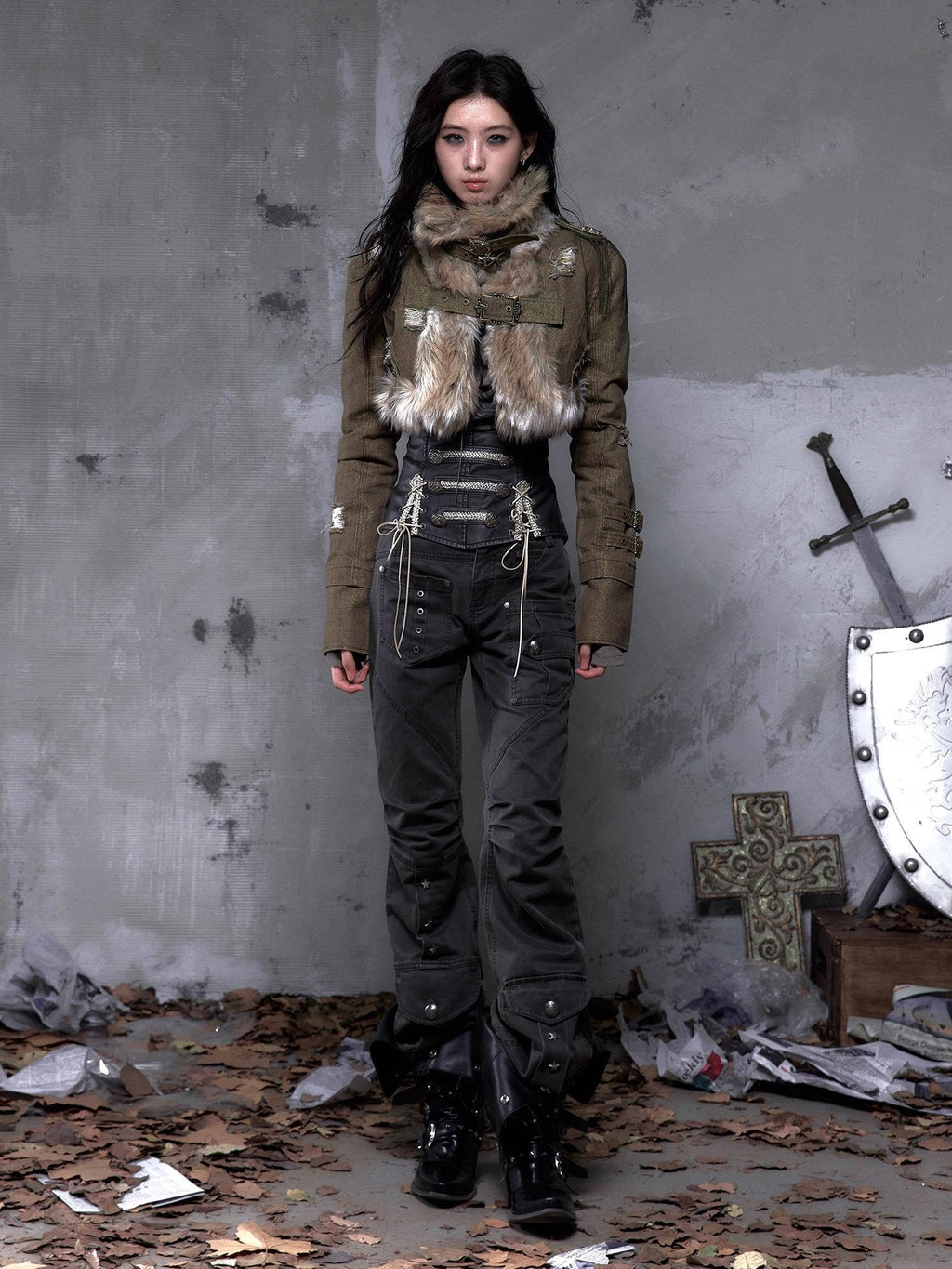 NO ROMANCE Distressed Vintage Slim Fit Cropped Long Sleeve Women Gold Khaki Casual Jackets