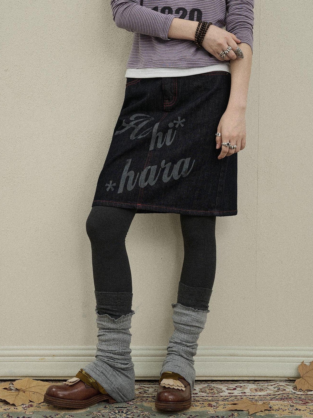 Achihara Denim Printed Embroidered Straight Women'S Cotton Midi Skirts