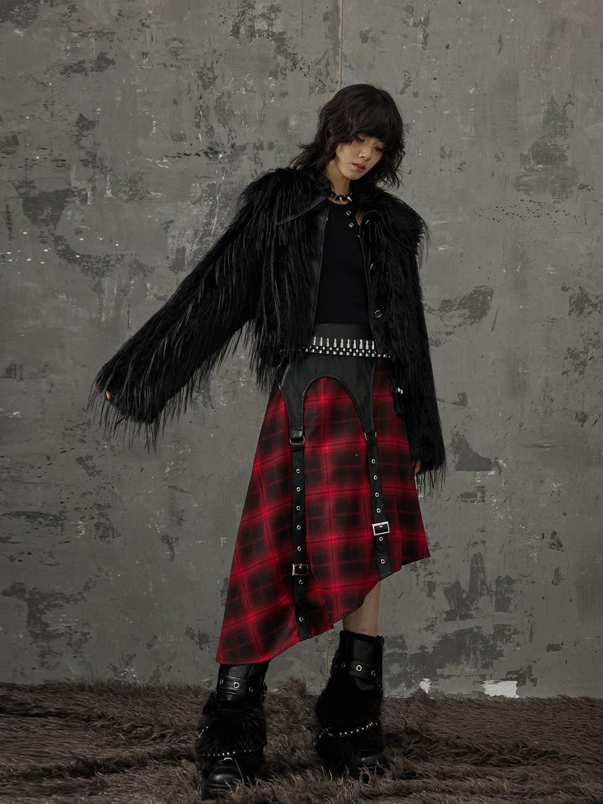 Frustration Garden Edgy Patchwork Asymmetrical A Line Mid Waist Loose Women Black Red Midi Skirts