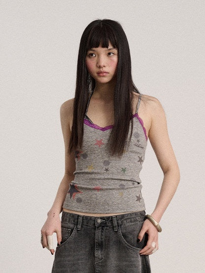 Achihara_Letter_Print_Strappy_V-neck_Slim_Fit_Women'S_Polyester_Lace_Camisoles_MISSTT