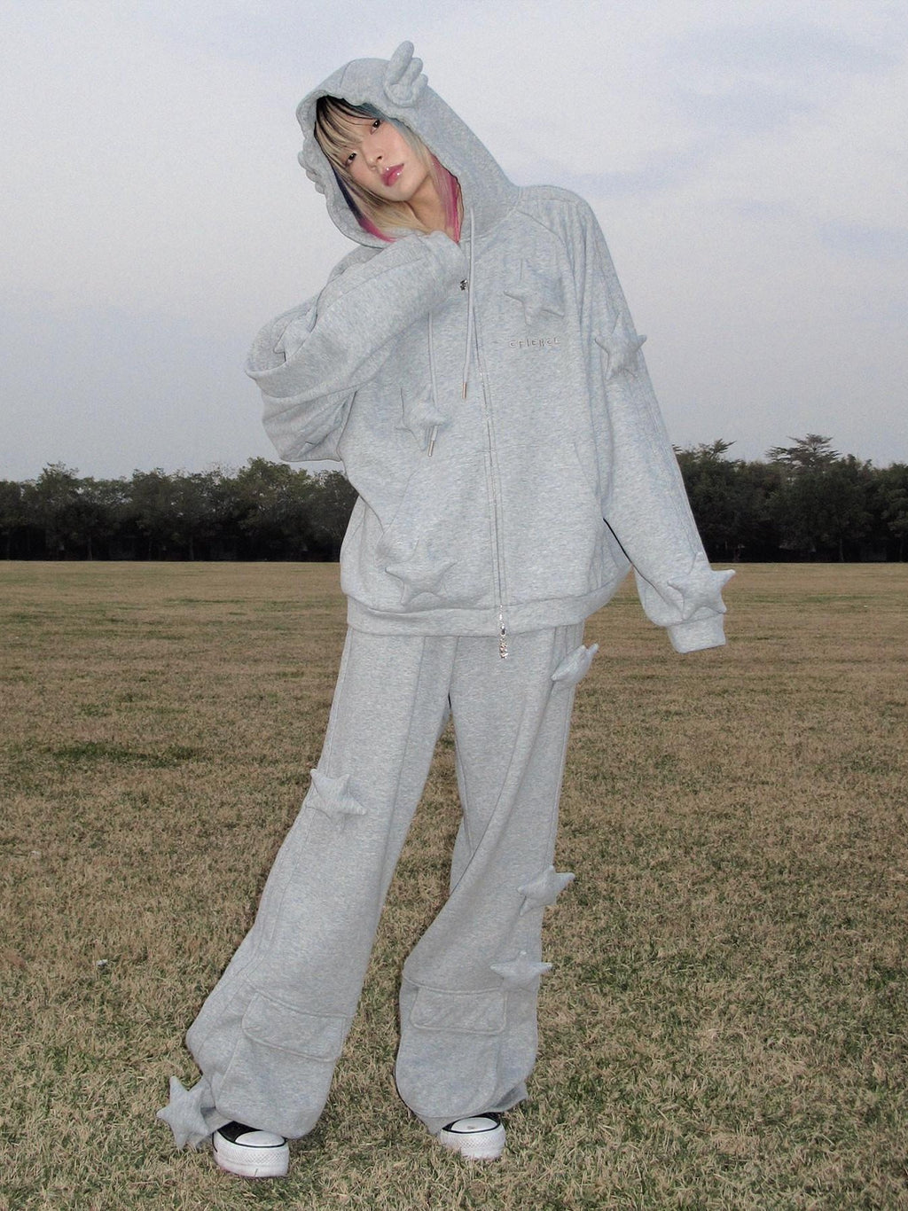 CFIERCE Asymmetrical Loose Straight Leg Street Natural Waist Gray Cotton Pants
