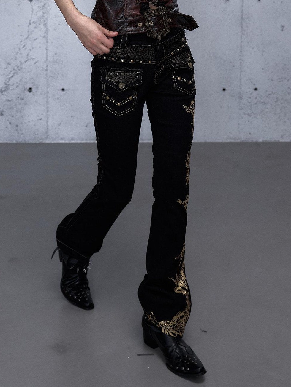 NO ROMANCE Rhinestone Low Rise Slim Fit Modern Patchwork Floral Mid Stretch Flare Jeans