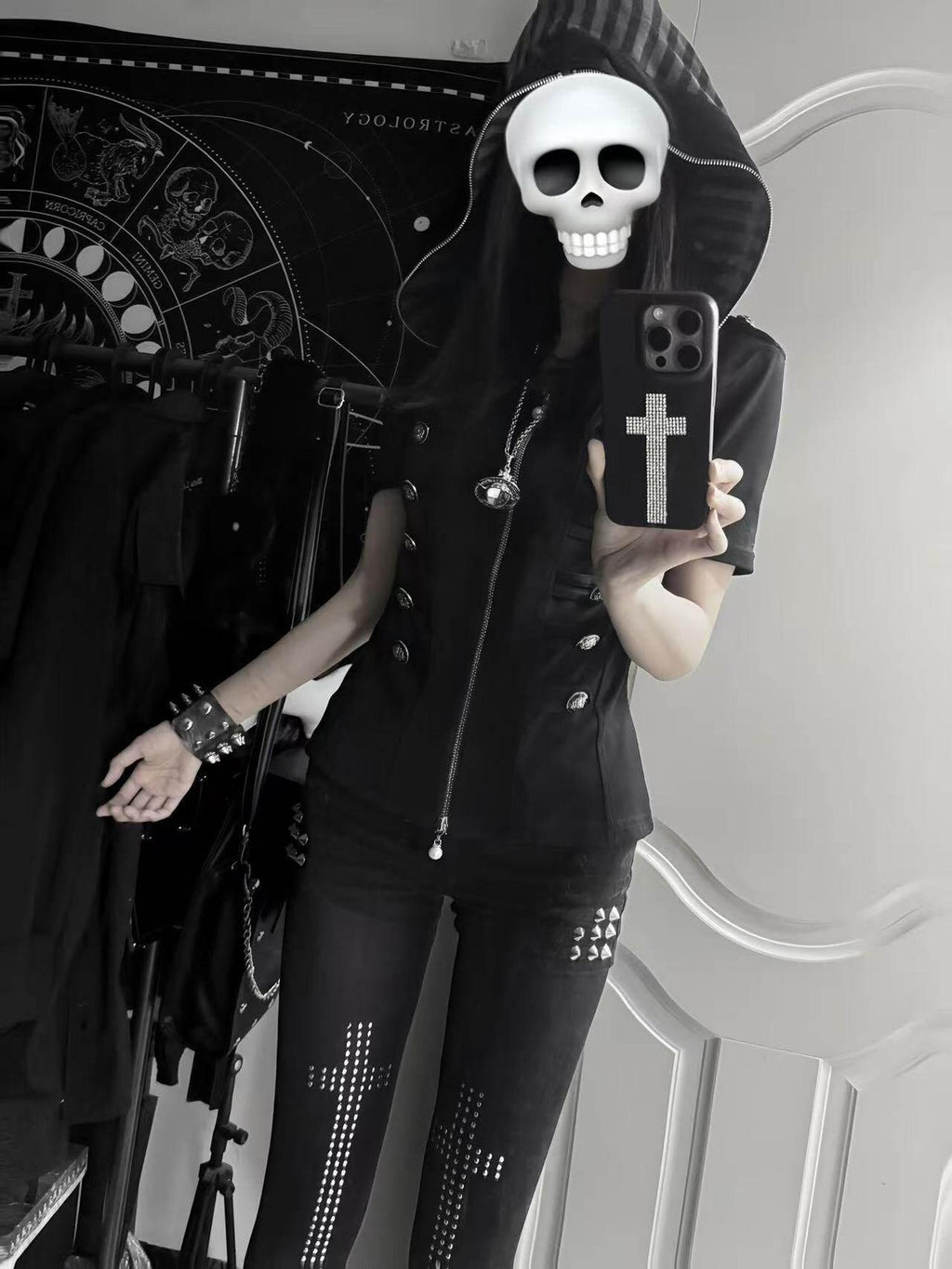 PAIKI 3D Sorona Slim Fit Punk Zip Hood Stripe Unisex Black Short Sleeve T-Shirts