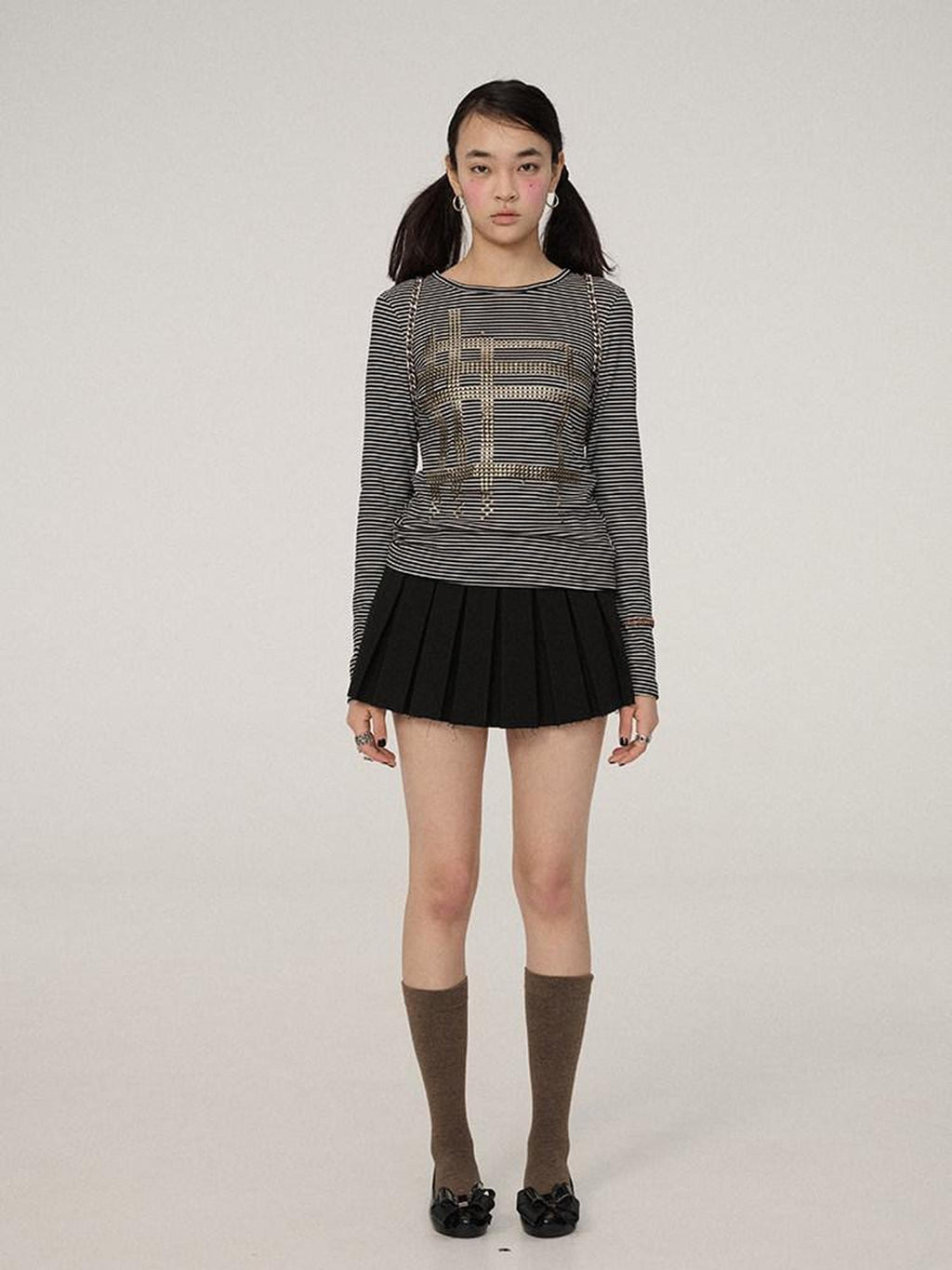 Achihara Black White Striped Slim Cropped Round Neck Women'S Long Sleeve T-Shirts