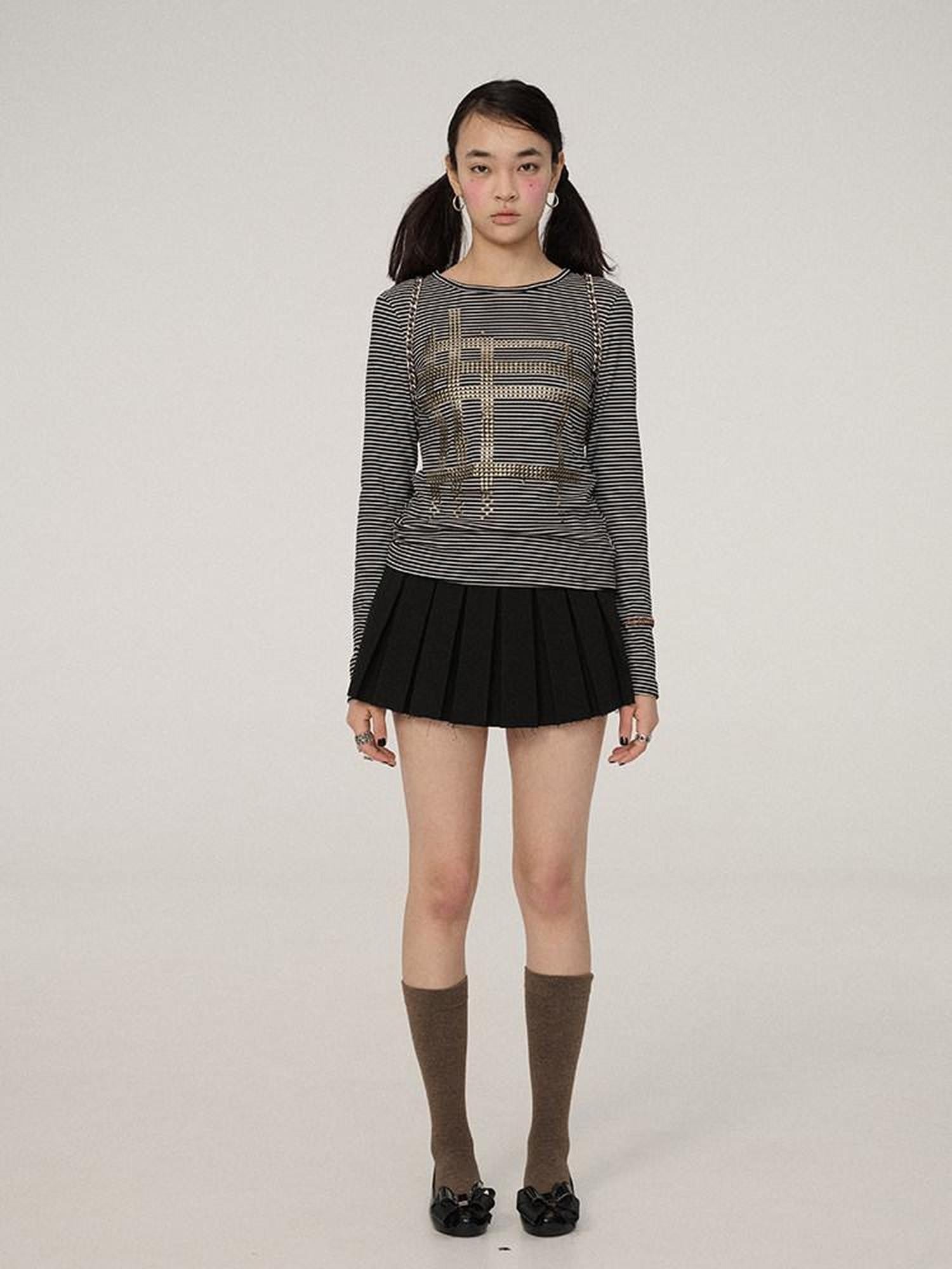 Achihara Black White Striped Slim Cropped Round Neck Women'S Long Sleeve T-Shirts