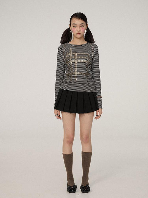 Achihara Black White Striped Slim Cropped Round Neck Women'S Long Sleeve T-Shirts