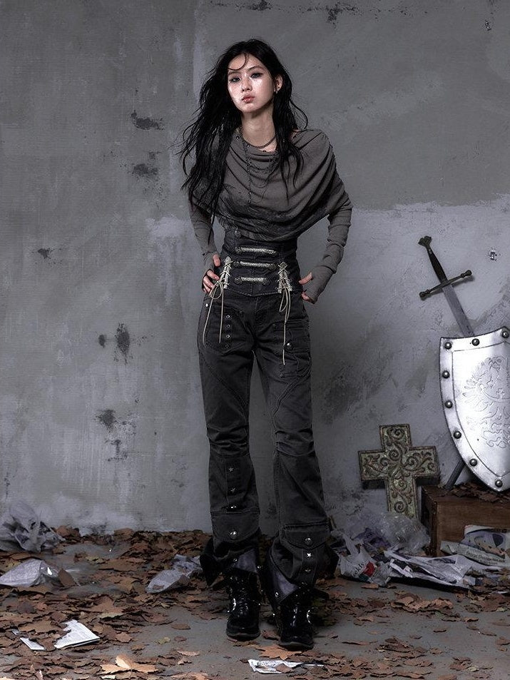 NO ROMANCE Pleated Button Mid Low Rise Subtle Flare Dark Grunge Women Chinos