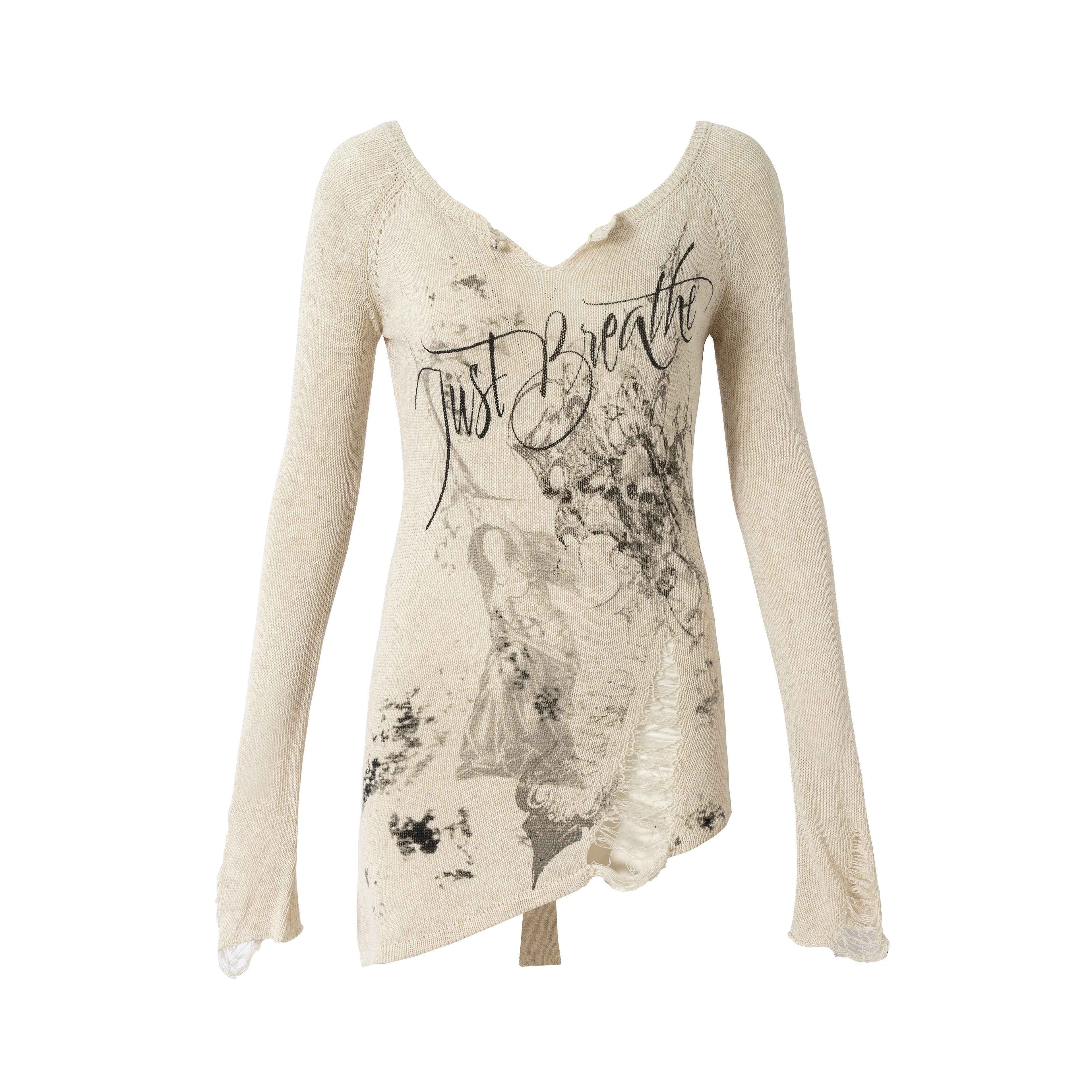 NO_ROMANCE_Soft_Slim_Punk_V-neck_Reversible_Distressed_Polyester_Women_Long_Sleeve_T-Shirts_MISSTT