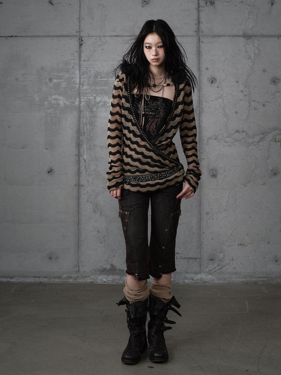 NO ROMANCE Edgy Slim Fit Striped Knit Polyester Long Sleeve Women Layering Cardigans