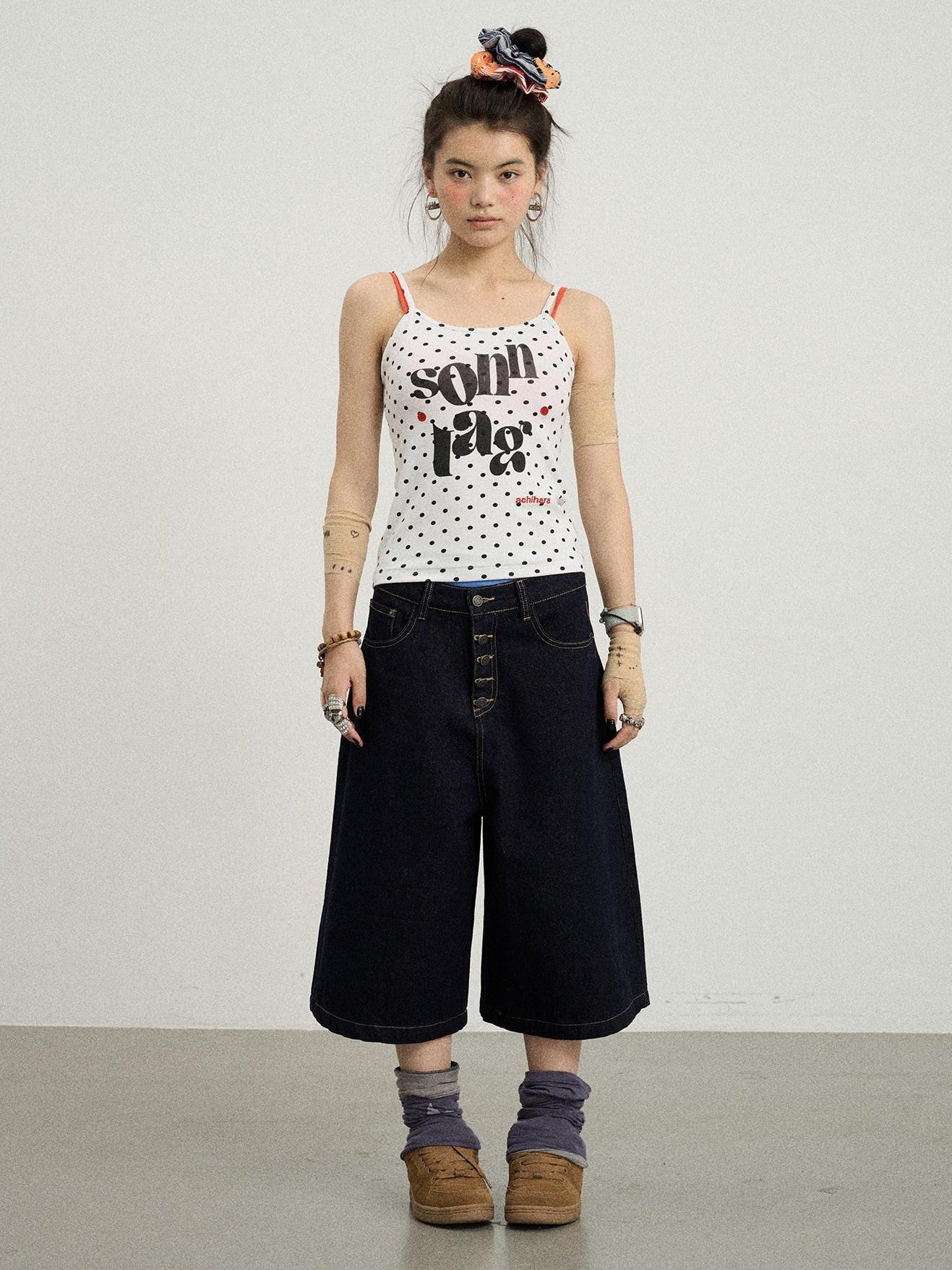 Achihara Polka Dot Letter Print Slim Fit Women'S Viscose Blend Camisoles