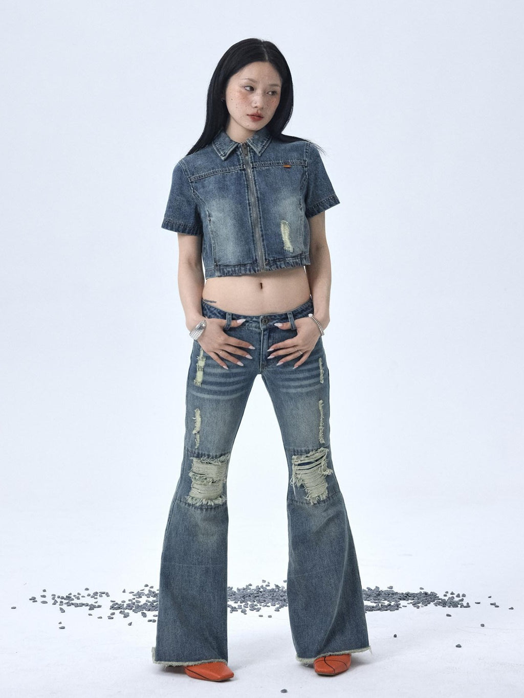 Achihara Vintage Washed Distressed Ripped Low Rise Women'S Denim Flare Jeans