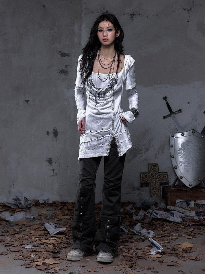 NO ROMANCE Pleated Button Mid Low Rise Subtle Flare Dark Grunge Women Chinos