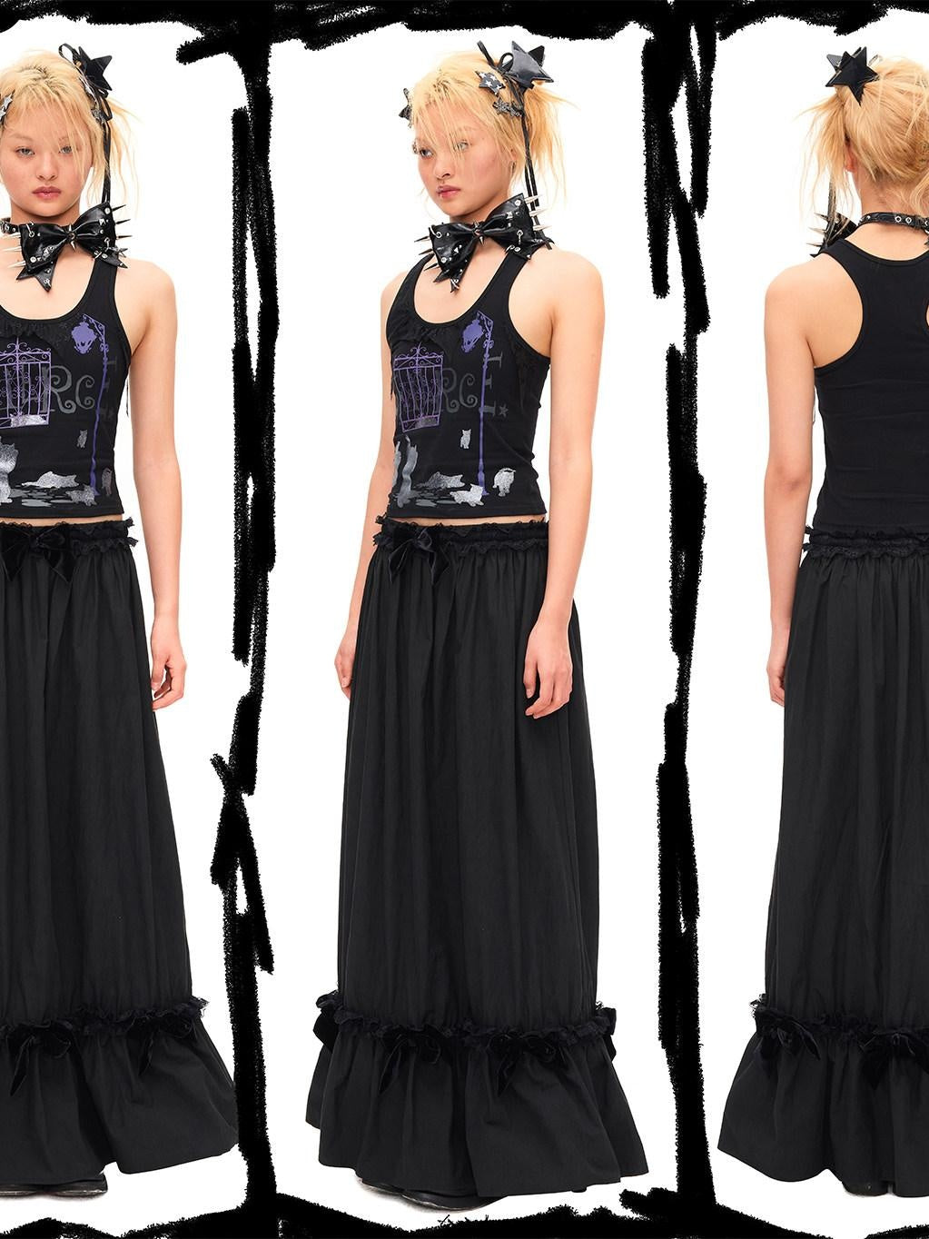 CFIERCE Lace Trim Silk Bamboo Blend Pleated Mid Waist Straight Black Skirt
