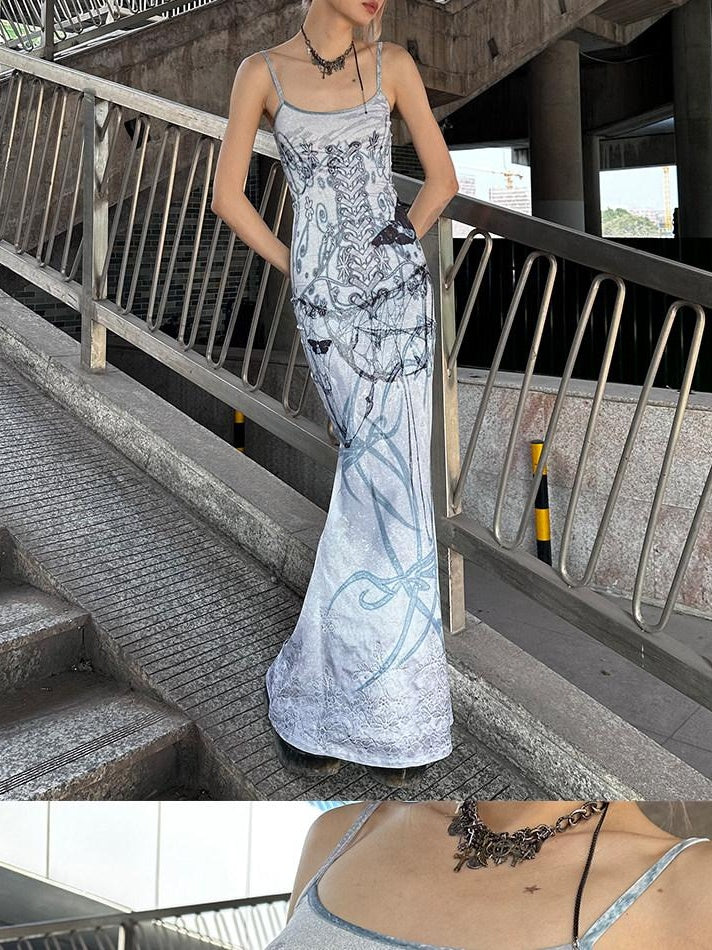 CFIERCE Elegant Bodycon Sleeveless Mermaid Mid Waist Gray Polyester Stretch Dress