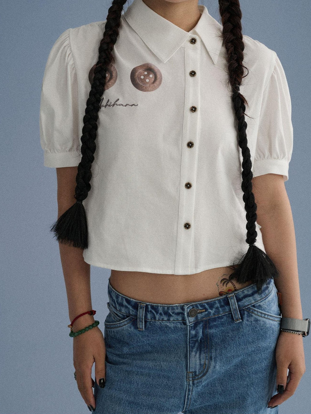 Achihara Blue Grey Buttoned Printed Collared Women'S Cotton Short Sleeve T-Shirts