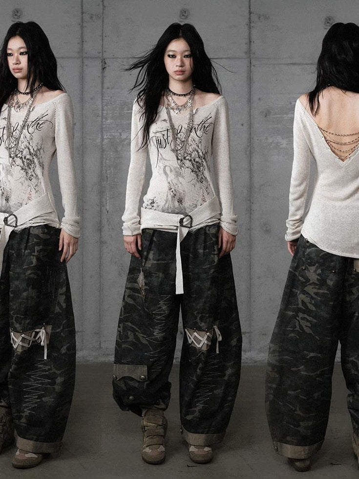 NO ROMANCE Embroidered Cotton Camo Casual Mid Rise Curved Cut Teen Girls Wide-Leg Pants