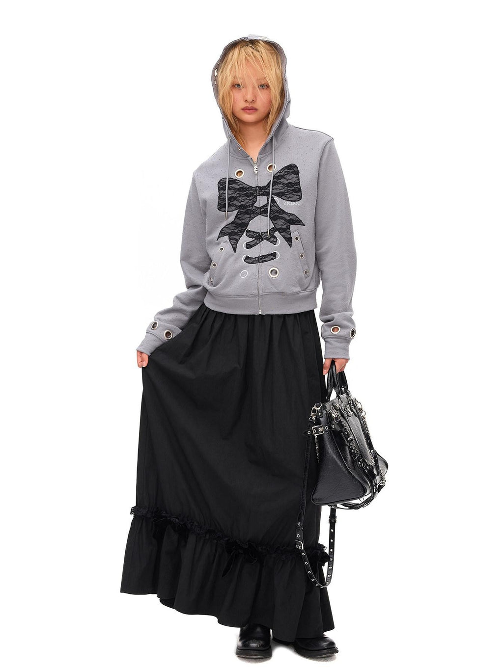 CFIERCE Lace Trim Silk Bamboo Blend Pleated Mid Waist Straight Black Skirt