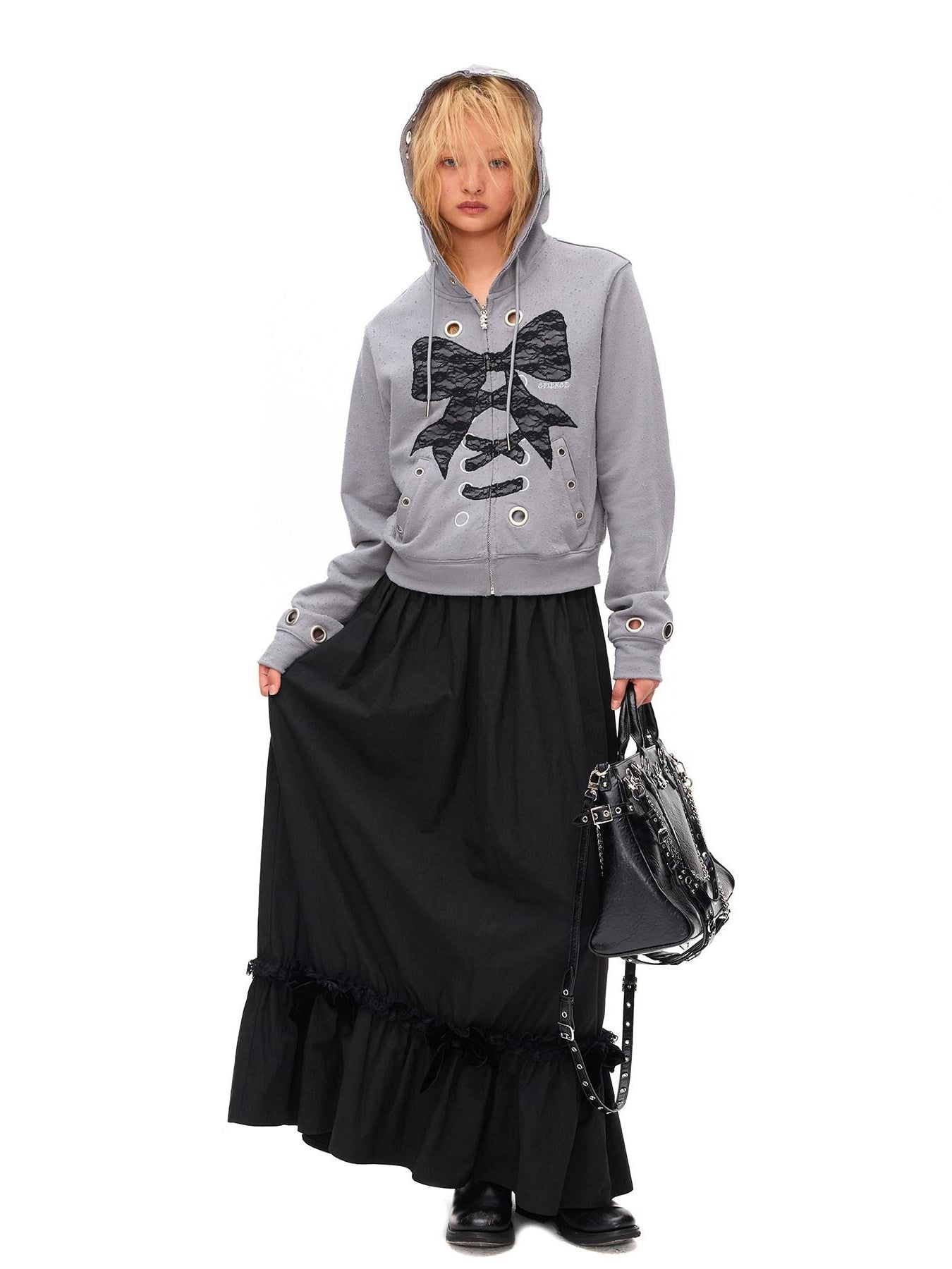 CFIERCE Lace Trim Silk Bamboo Blend Pleated Mid Waist Straight Black Skirt