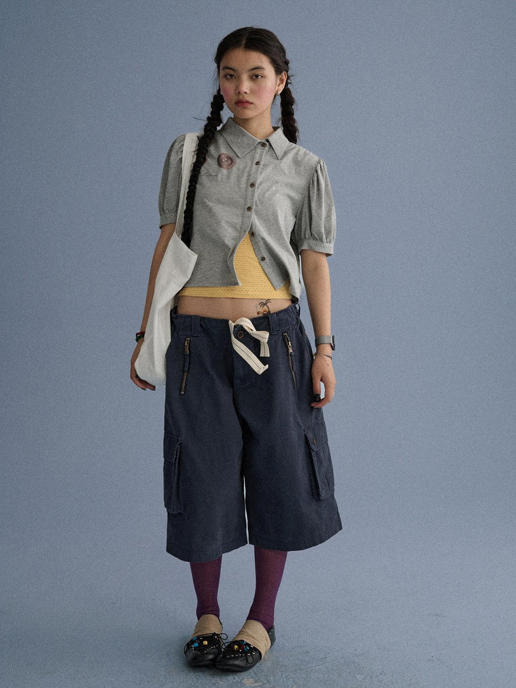 Achihara Blue Grey Buttoned Printed Collared Women'S Cotton Short Sleeve T-Shirts