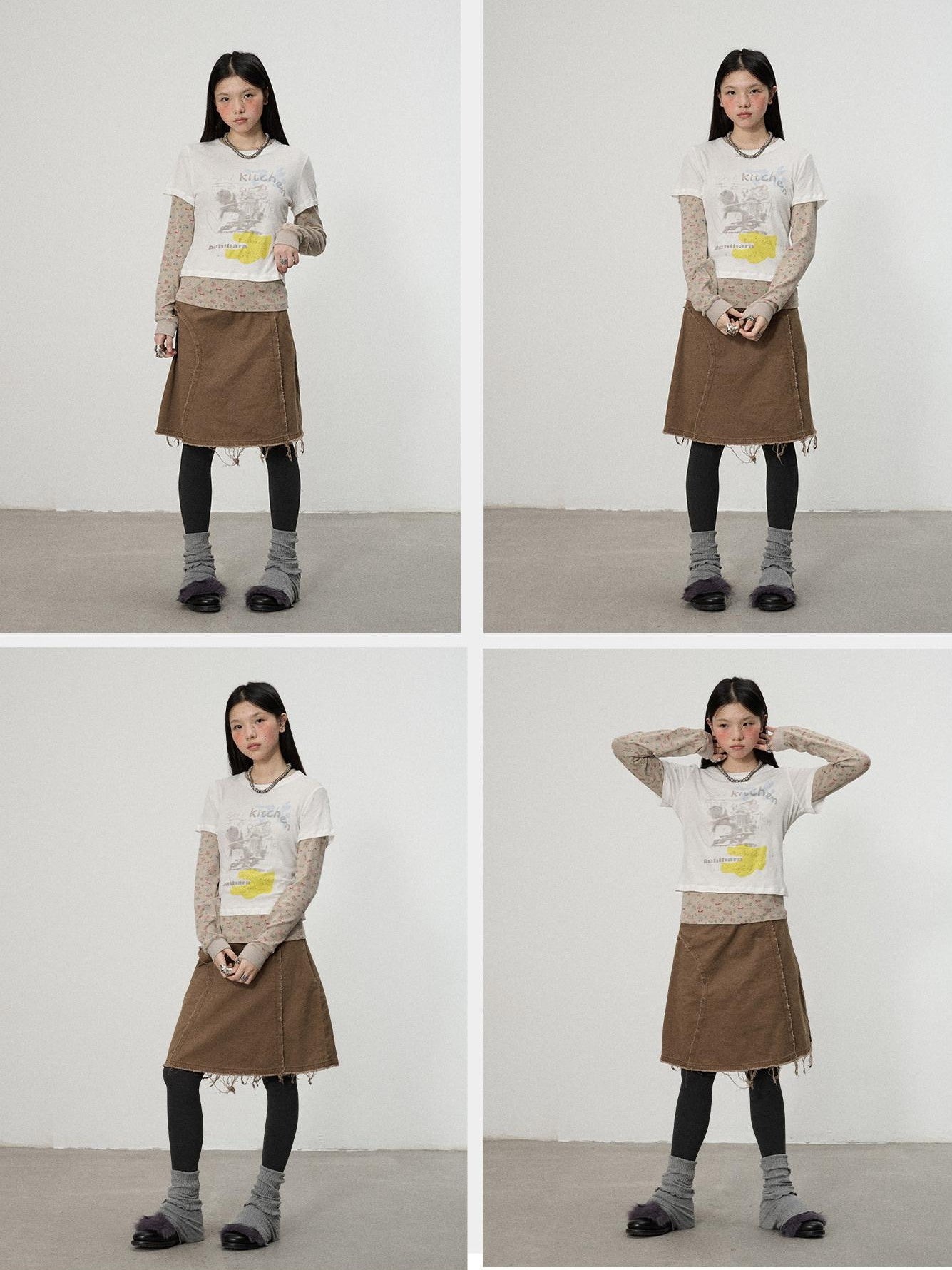 Achihara Coffee Brown Pleated A Line Low Waist Women'S Cotton Blend Midi Skirts