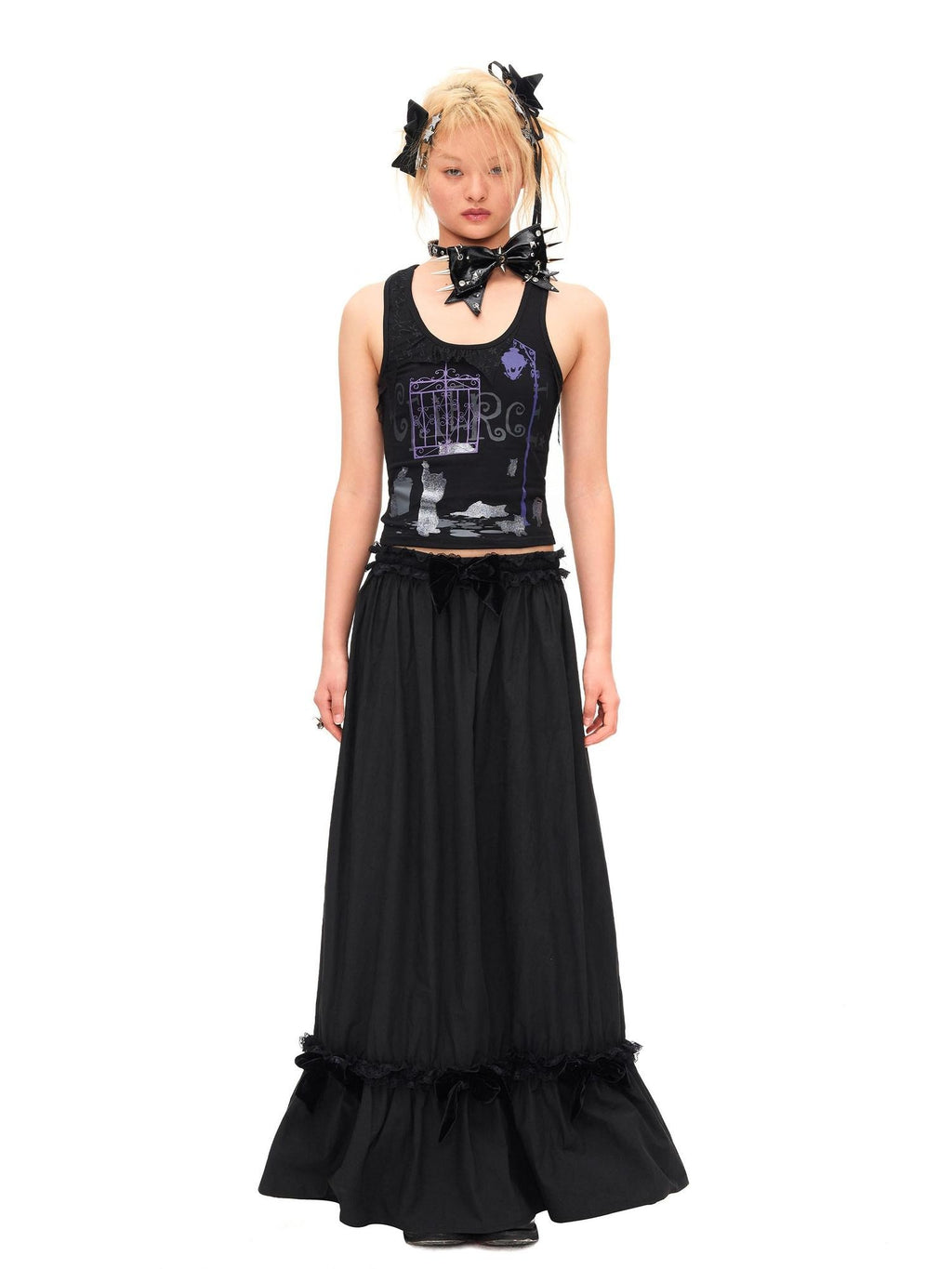 CFIERCE Lace Trim Silk Bamboo Blend Pleated Mid Waist Straight Black Skirt