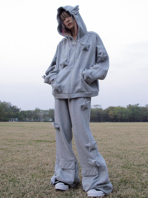 CFIERCE Asymmetrical Loose Straight Leg Street Natural Waist Gray Cotton Pants