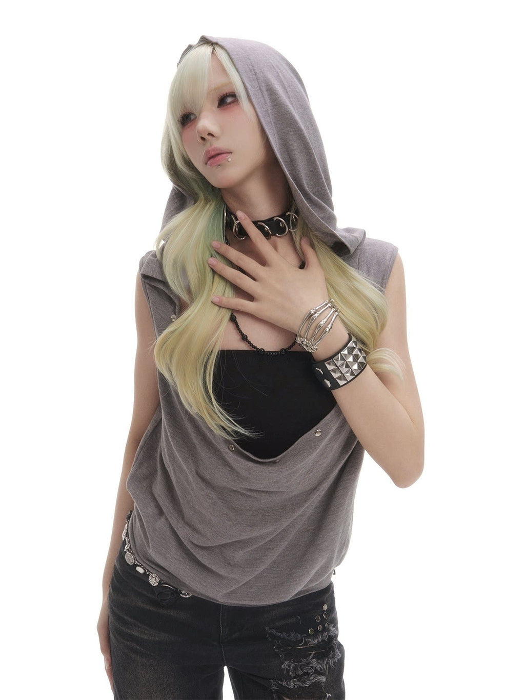 Frustration_Garden_Button_Studded_High_Stretch_Sleek_Pullover_Slim_Fit_Women_Black_Grey_Tank_Tops_MISSTT