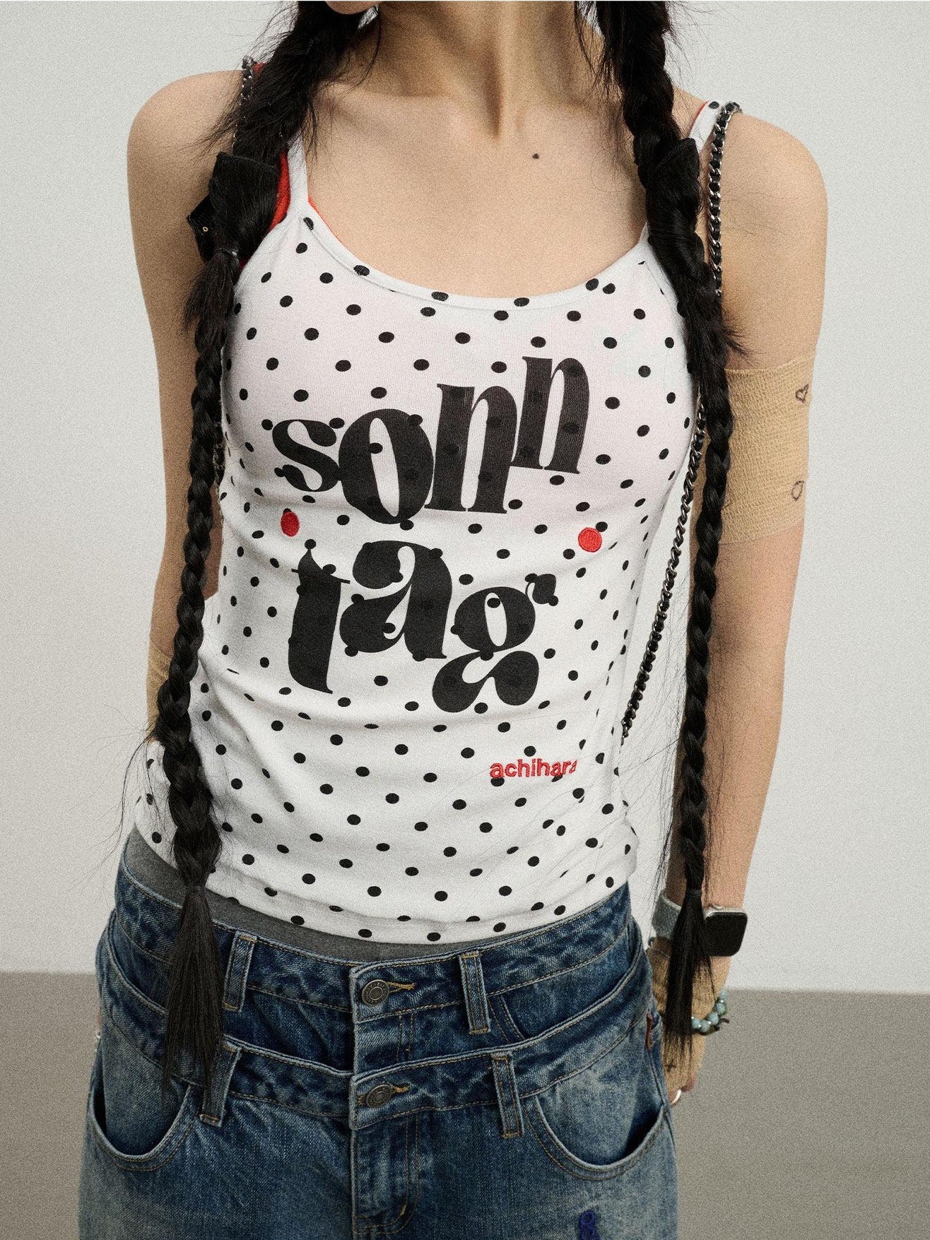 Achihara Polka Dot Letter Print Slim Fit Women'S Viscose Blend Camisoles