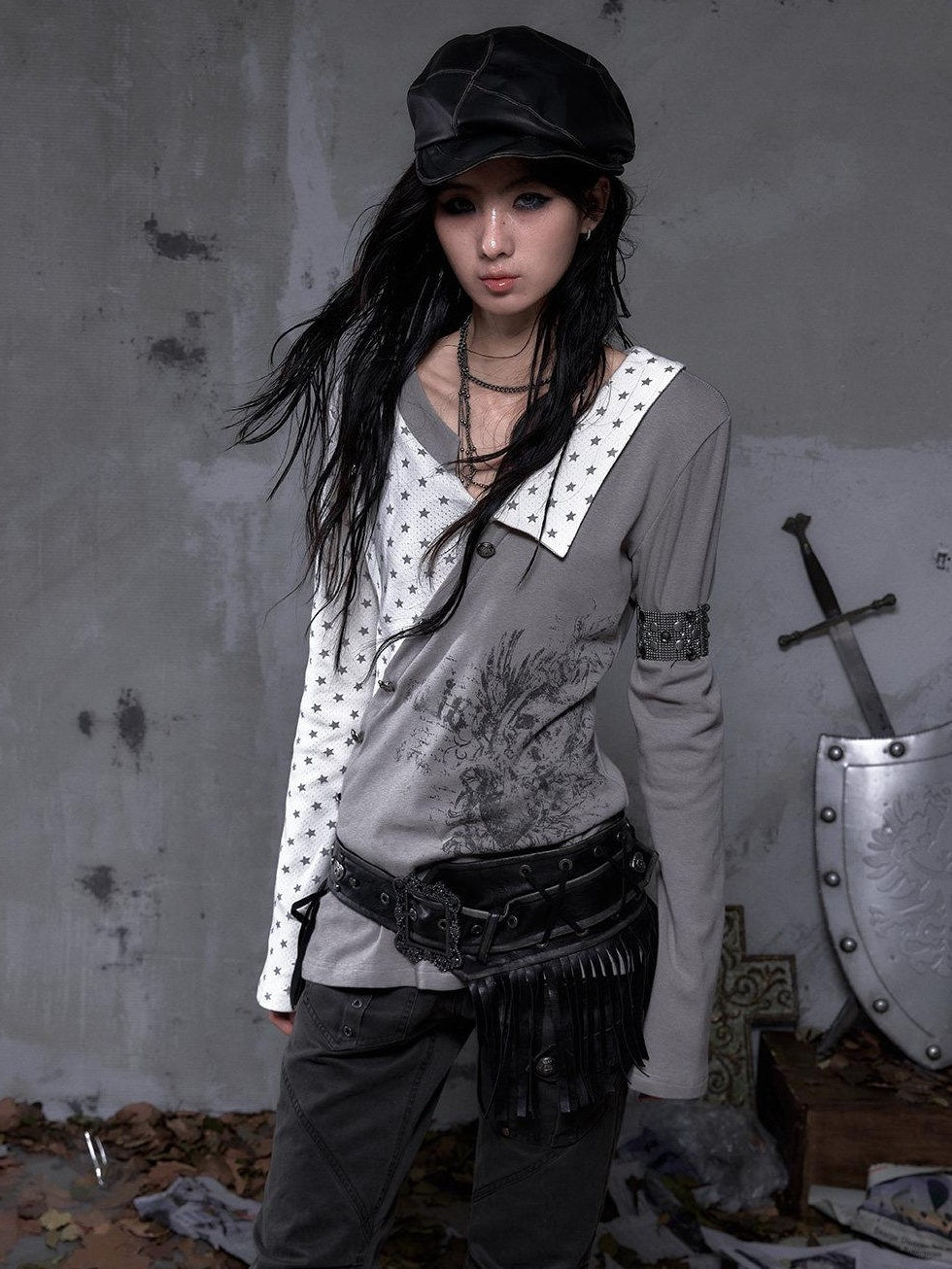 NO ROMANCE Cozy Knit Star Printed Relaxed Polo Collar Women Black Ecru Long Sleeve T-Shirts