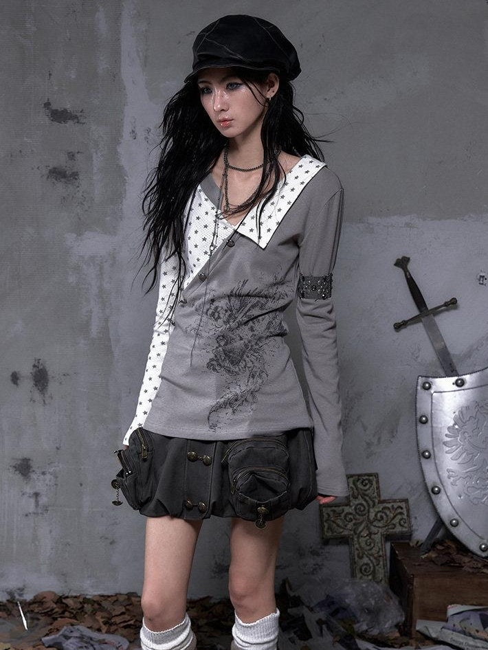 NO ROMANCE Cozy Knit Star Printed Relaxed Polo Collar Women Black Ecru Long Sleeve T-Shirts