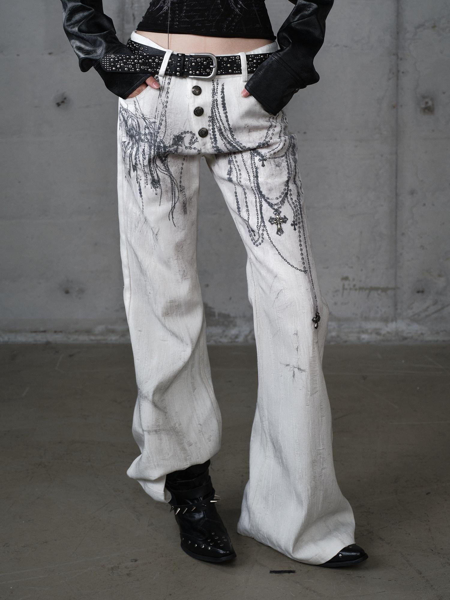 NO ROMANCE Dyed Punk Washed White Loose Fit Natural Waist Cotton Women Wide-Leg Jeans