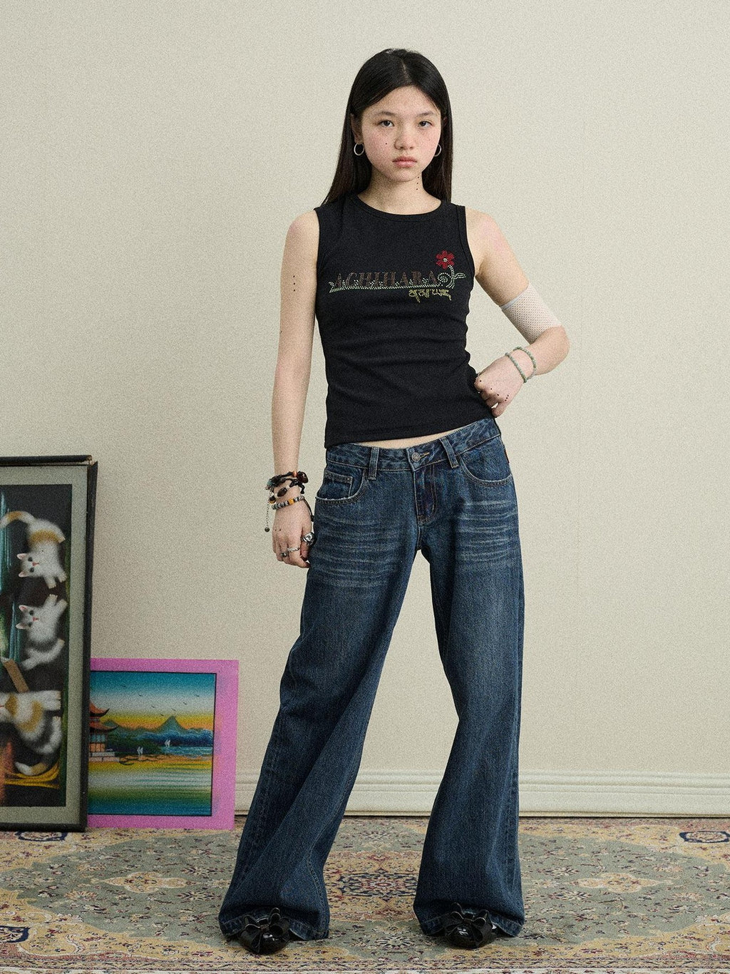 Achihara Hotfix Rhinestone Letter Print Women'S Cotton Stretch Tank Tops