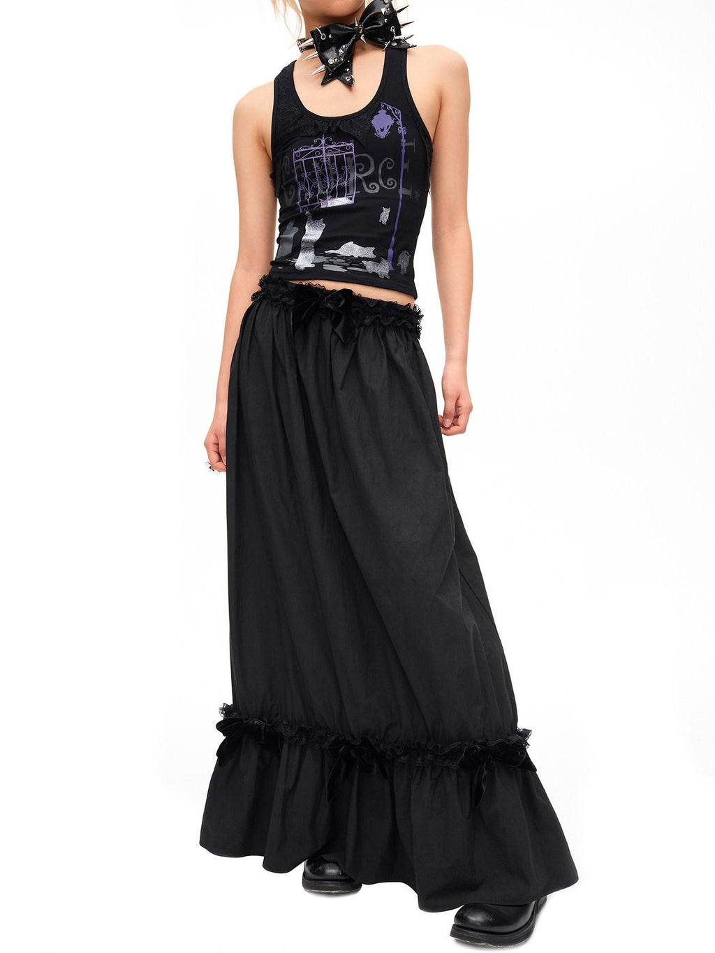 CFIERCE Lace Trim Silk Bamboo Blend Pleated Mid Waist Straight Black Skirt