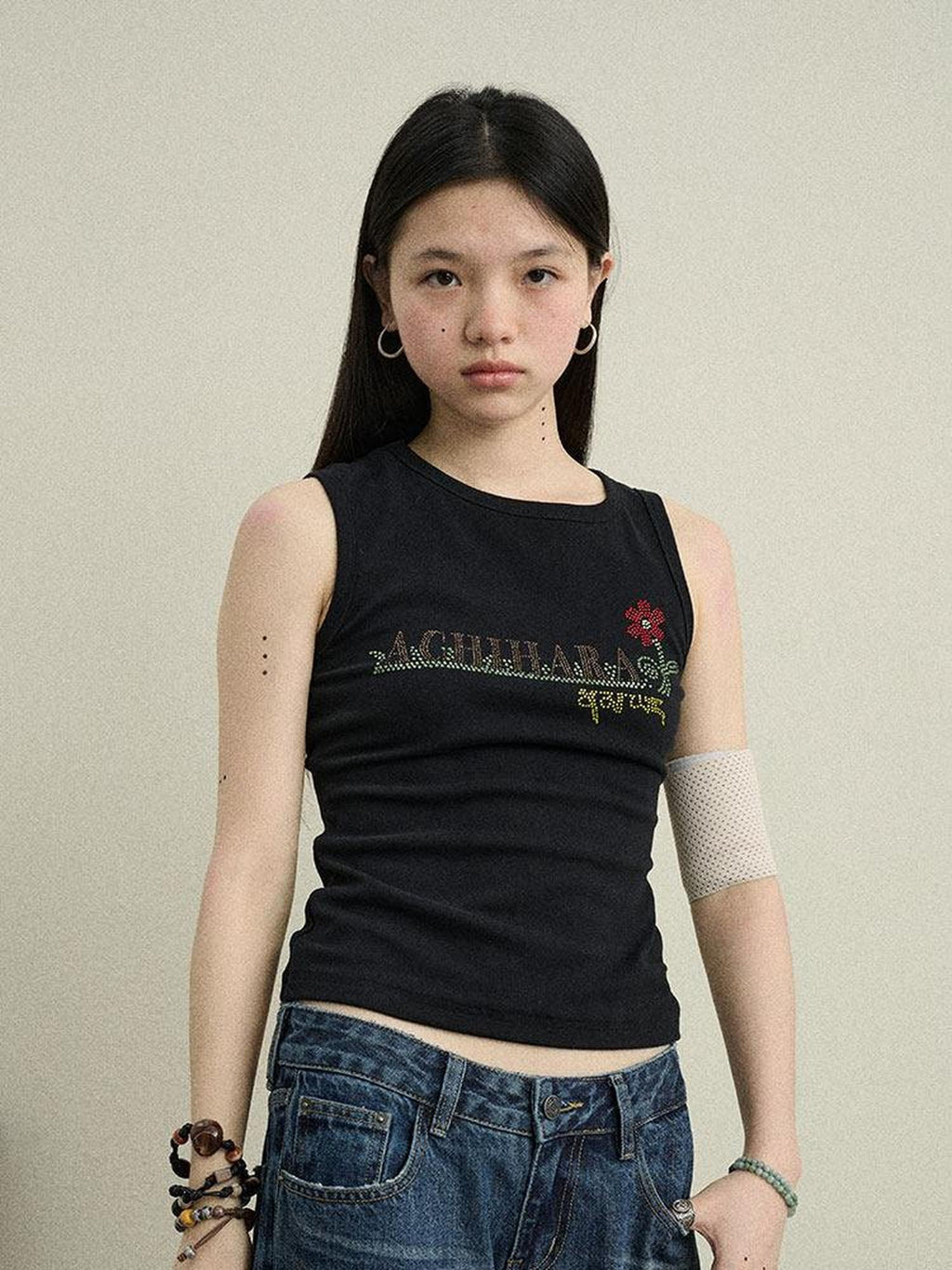 Achihara Hotfix Rhinestone Letter Print Women'S Cotton Stretch Tank Tops