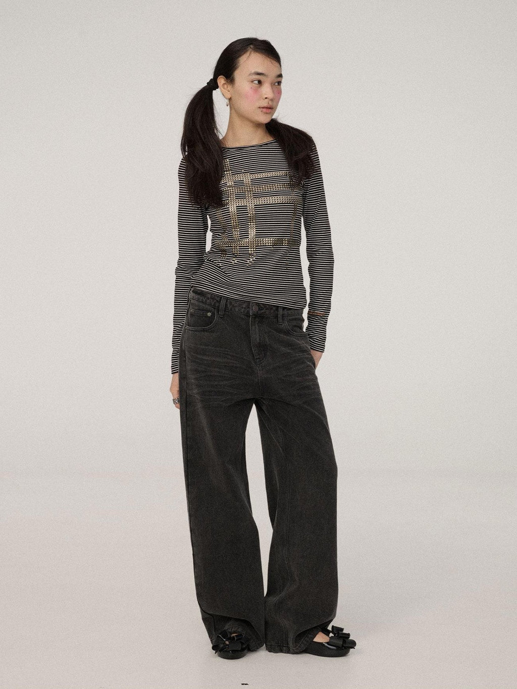 Achihara Black White Striped Slim Cropped Round Neck Women'S Long Sleeve T-Shirts
