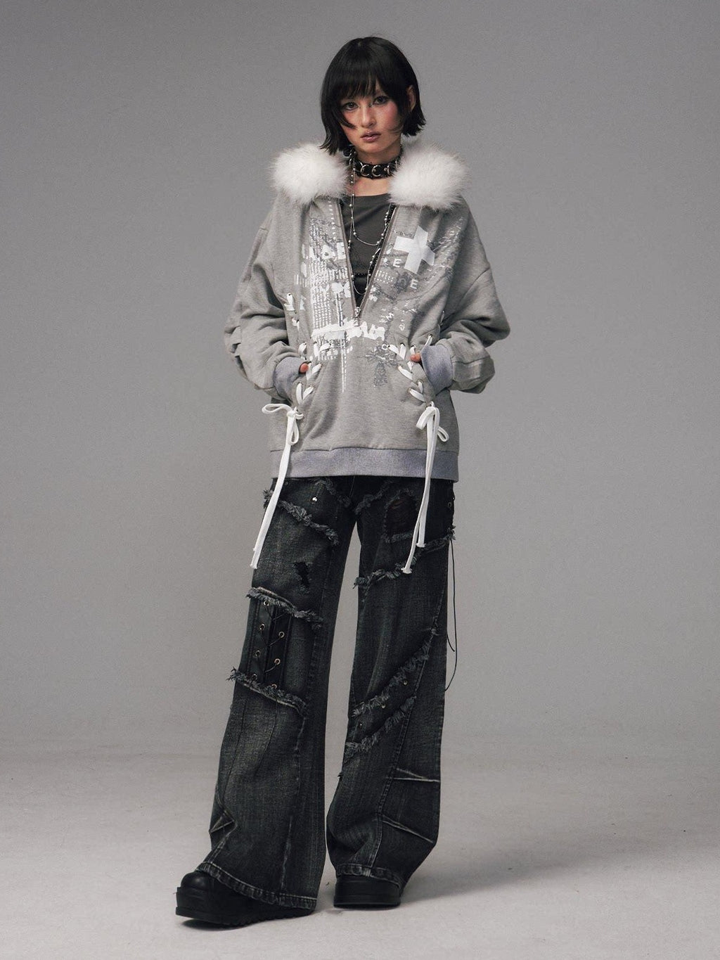 Frustration Garden Original Design Loose Fit Printed Fur Collar Zip Hooded Warm Gray Women Hoodies