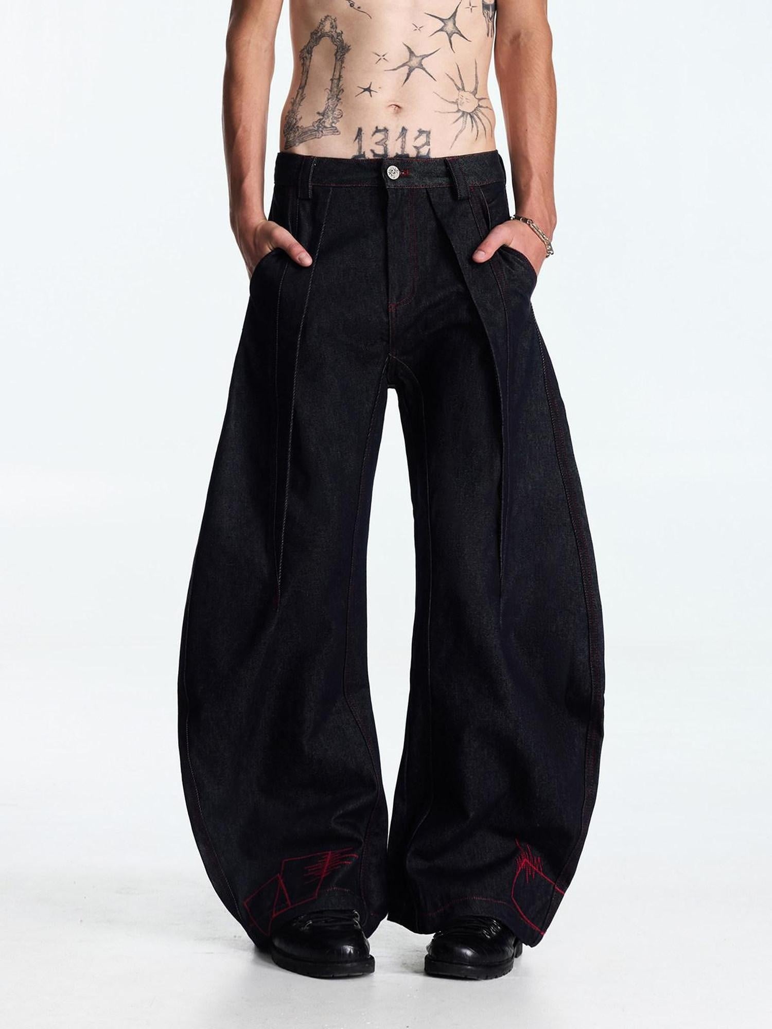 EMOBROTHER Embroidered Patch Mid Rise Baggy American Denim Cotton Wide-Leg Jeans