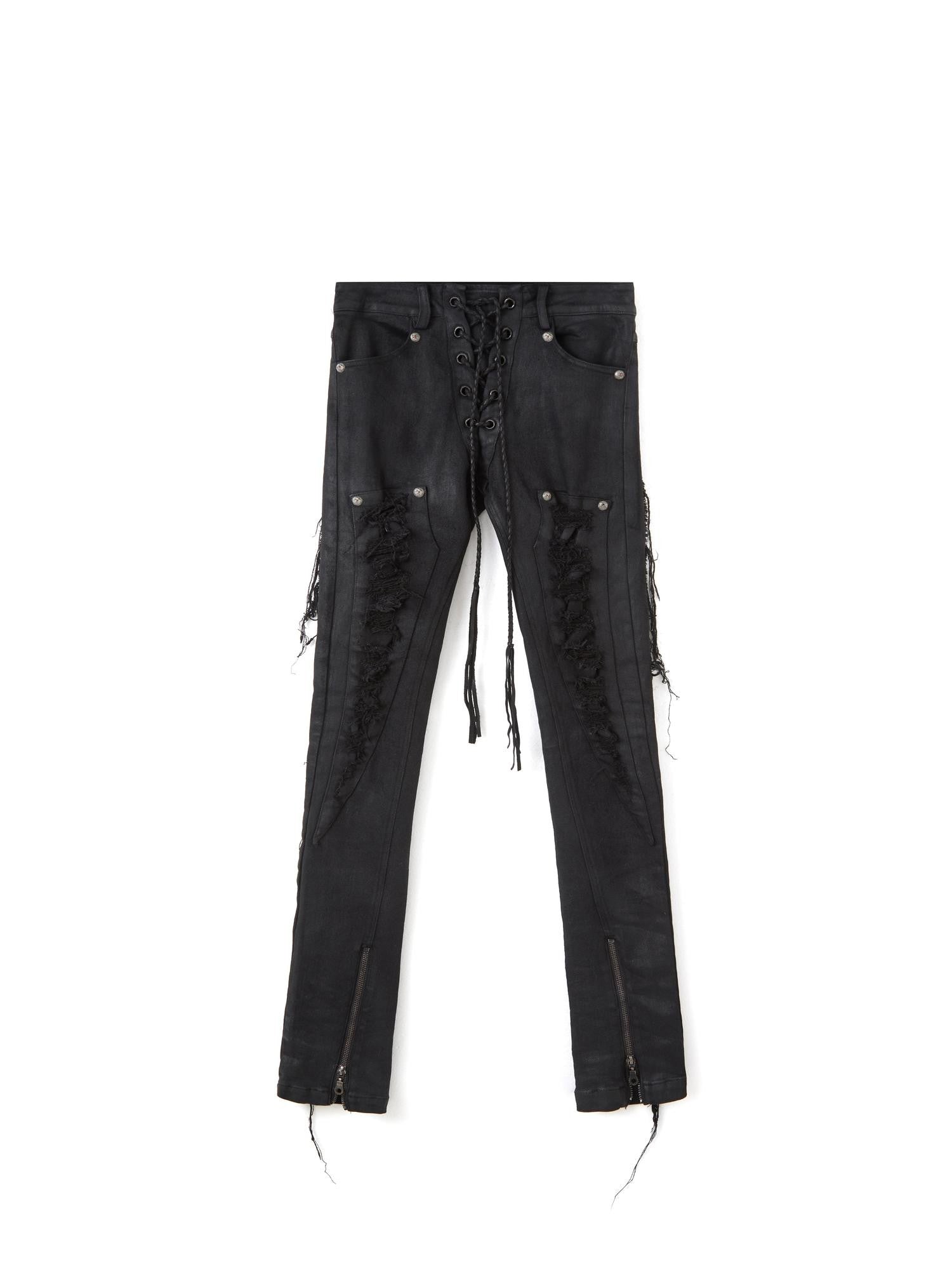 The space between Us Scar Detail Distressed Drawstring Slim Fitted Women's Waxed Skinny Pants