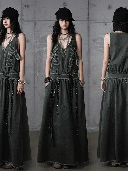 NO ROMANCE Washed Grunge Green Pocketed Punk A Line Loose V-neck Women Casual Midi Dresses