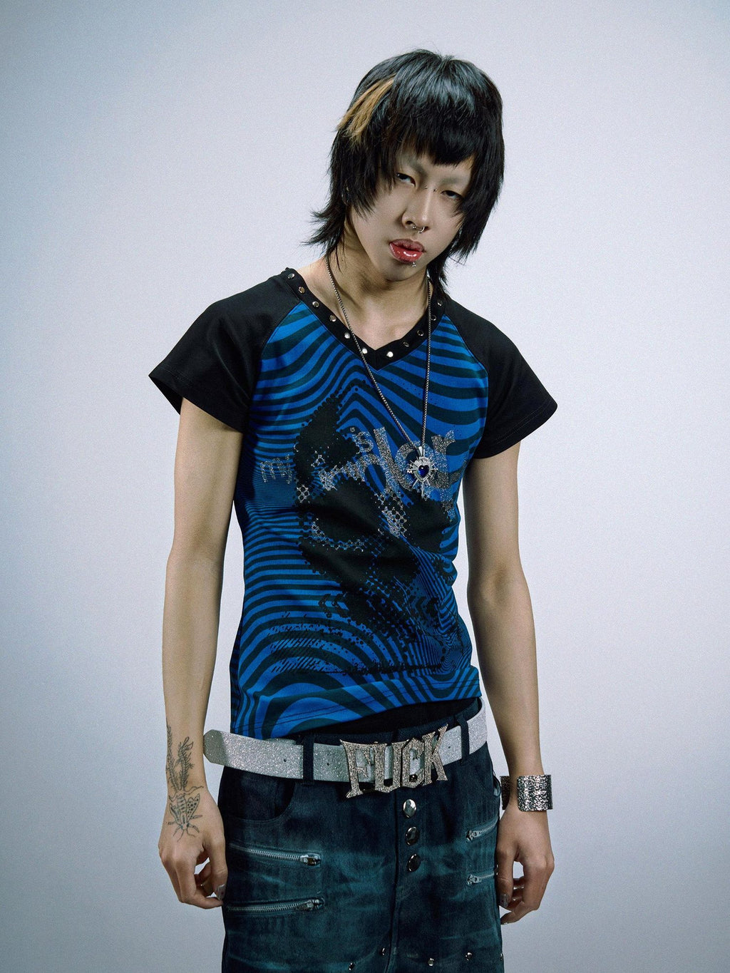 PAIKI Sorona Slim Fit Skull Print Rock Crewneck Unisex Blue Short Sleeve T-Shirts