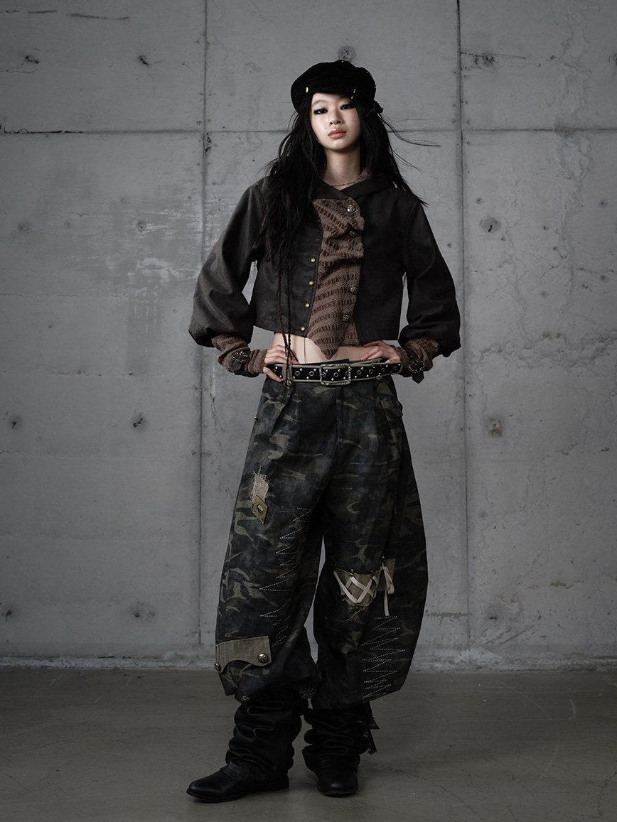 NO ROMANCE Embroidered Cotton Camo Casual Mid Rise Curved Cut Teen Girls Wide-Leg Pants