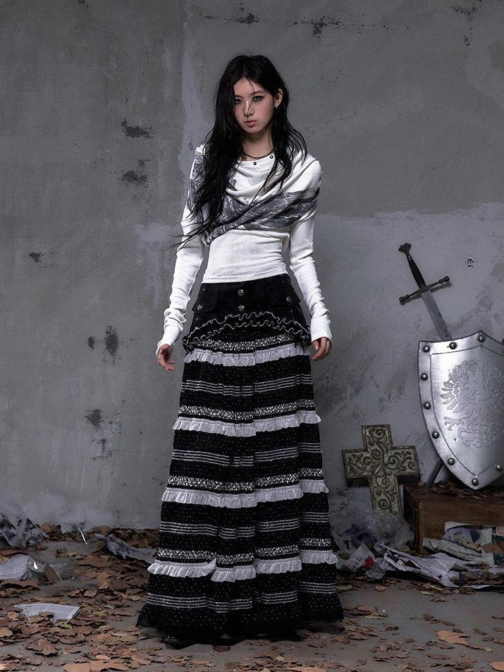 NO ROMANCE High Waist Victorian Lace Patchwork Pu Panel A Line Women Black Maxi Skirts