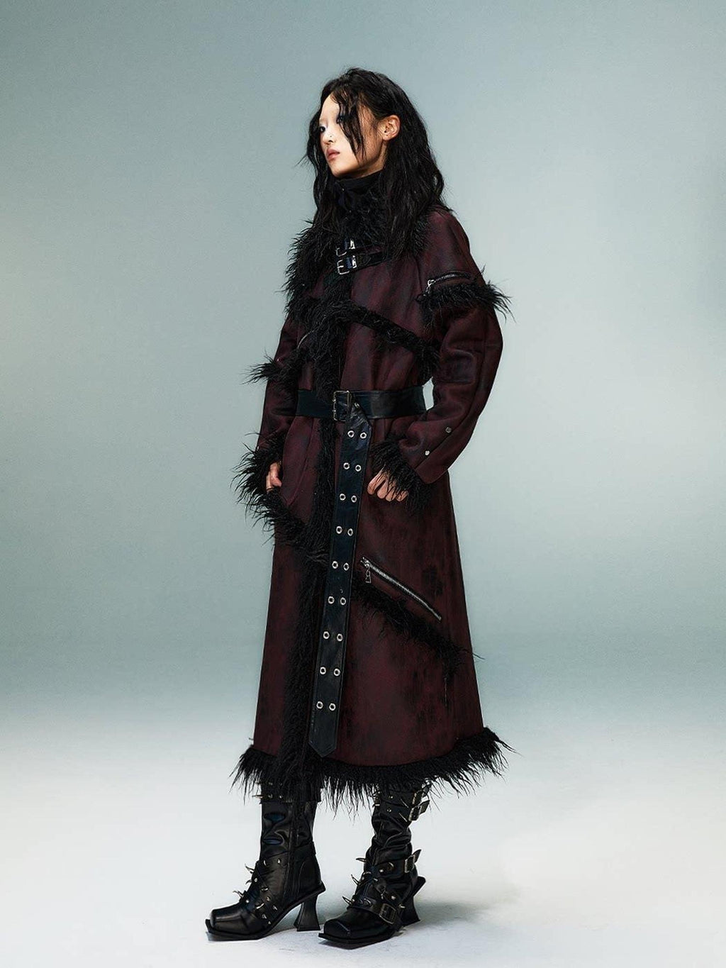 Frustration Garden Thick Oversized Asymmetric Raglan Sleeves Punk Street Women Black Red Long Coats