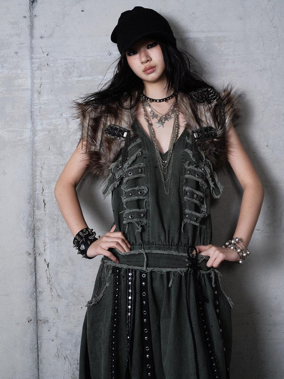 NO ROMANCE Washed Grunge Green Pocketed Punk A Line Loose V-neck Women Casual Midi Dresses