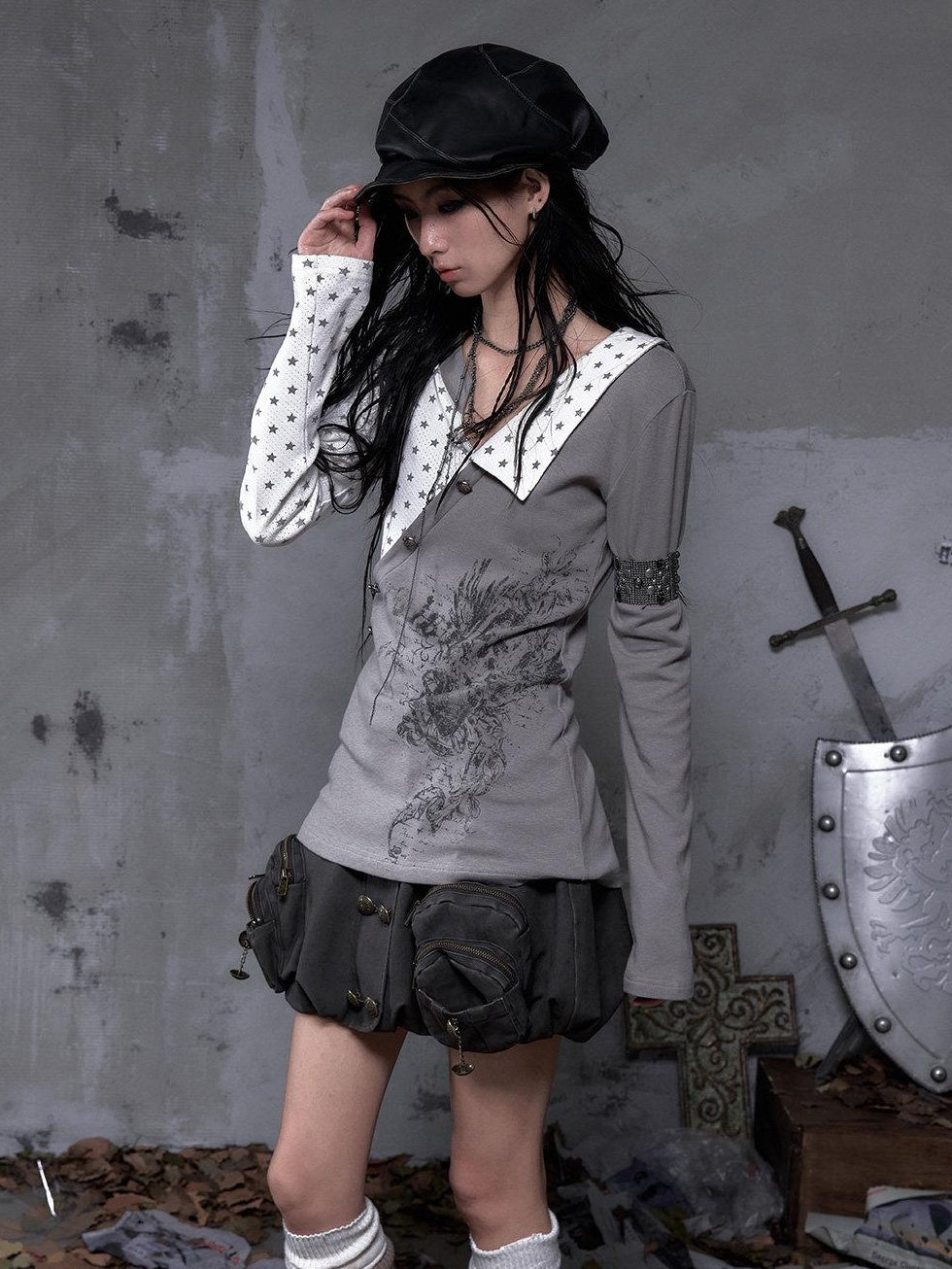 NO ROMANCE Cozy Knit Star Printed Relaxed Polo Collar Women Black Ecru Long Sleeve T-Shirts