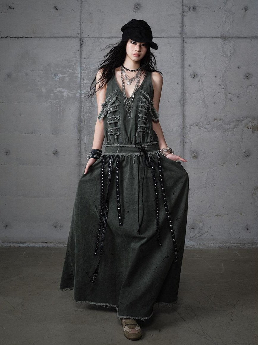 NO ROMANCE Washed Grunge Green Pocketed Punk A Line Loose V-neck Women Casual Midi Dresses