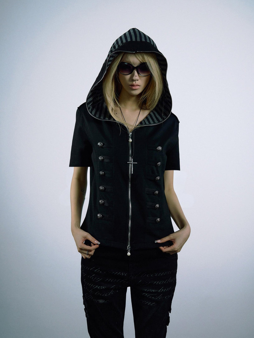 PAIKI 3D Sorona Slim Fit Punk Zip Hood Stripe Unisex Black Short Sleeve T-Shirts
