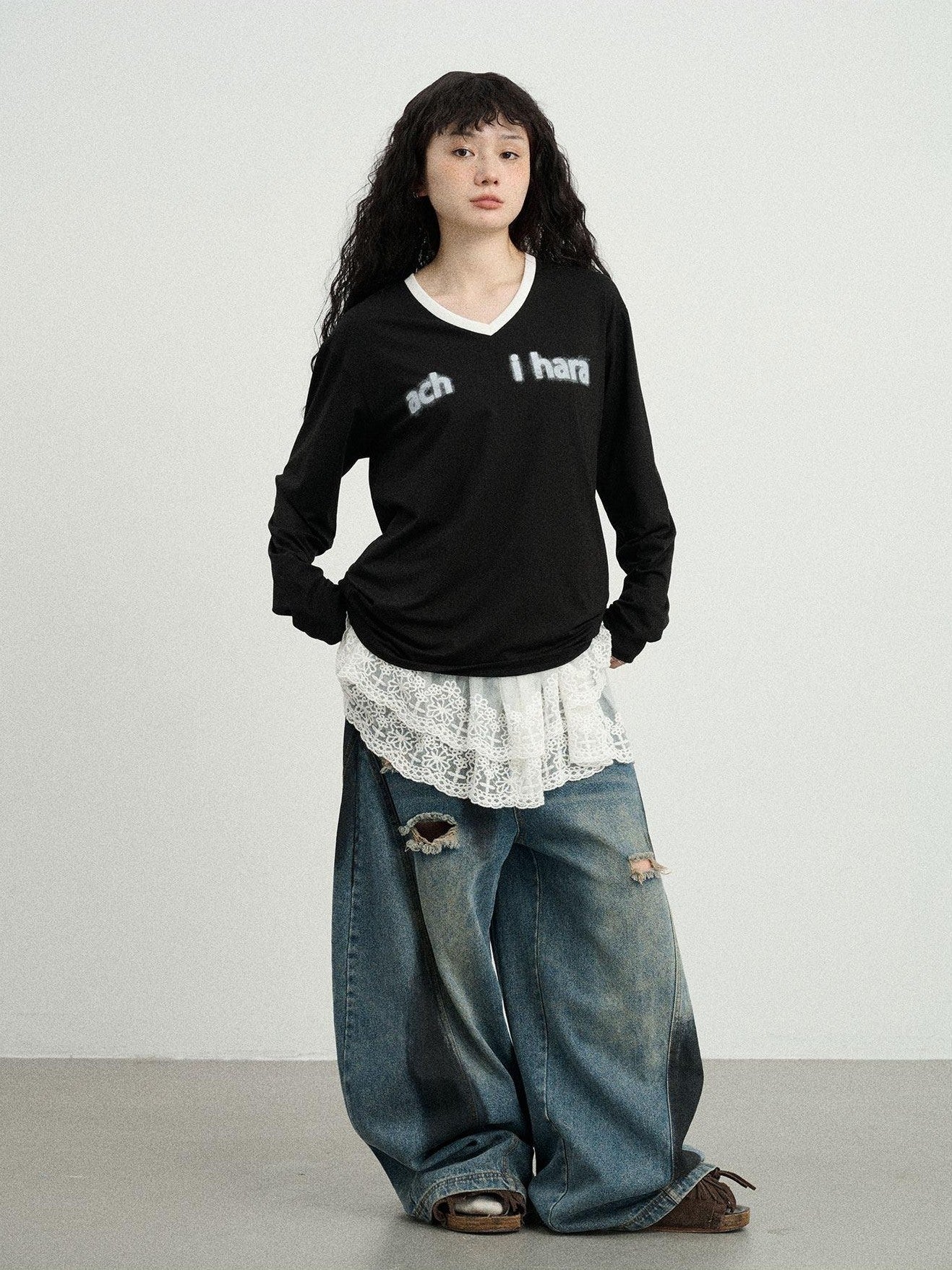 Achihara Ice Block V-neck Loose Letter Print Women'S Lyocell Short Sleeve T-Shirts