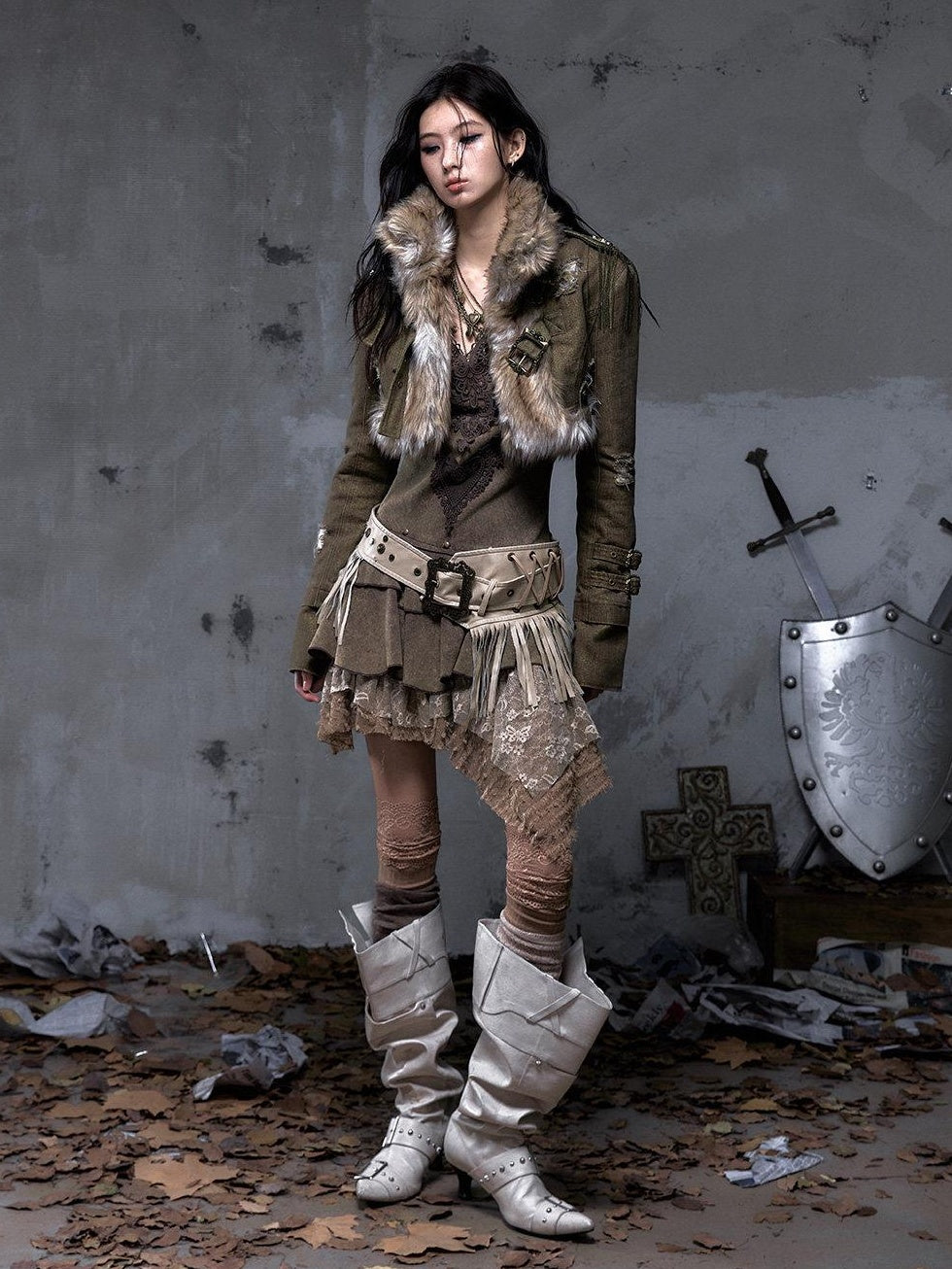 NO ROMANCE Distressed Vintage Slim Fit Cropped Long Sleeve Women Gold Khaki Casual Jackets
